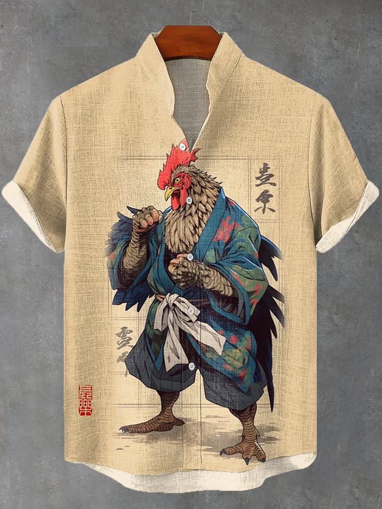Men's Japanese Fun Rooster Samurai Print Short Sleeve Linen Blend Shirt