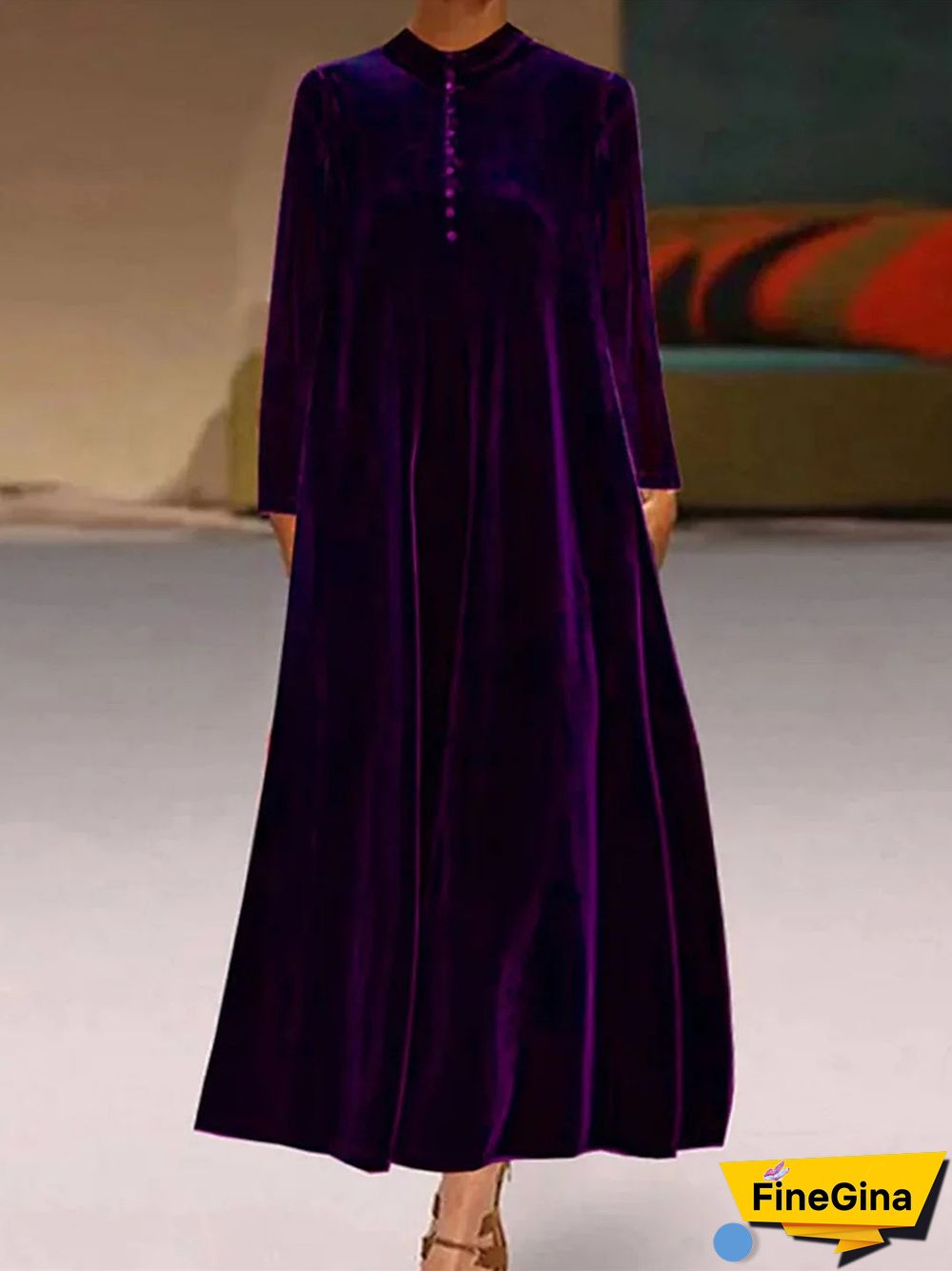 Women's Long Sleeve Turtle Neck Solid Color Buttons Maxi Dress