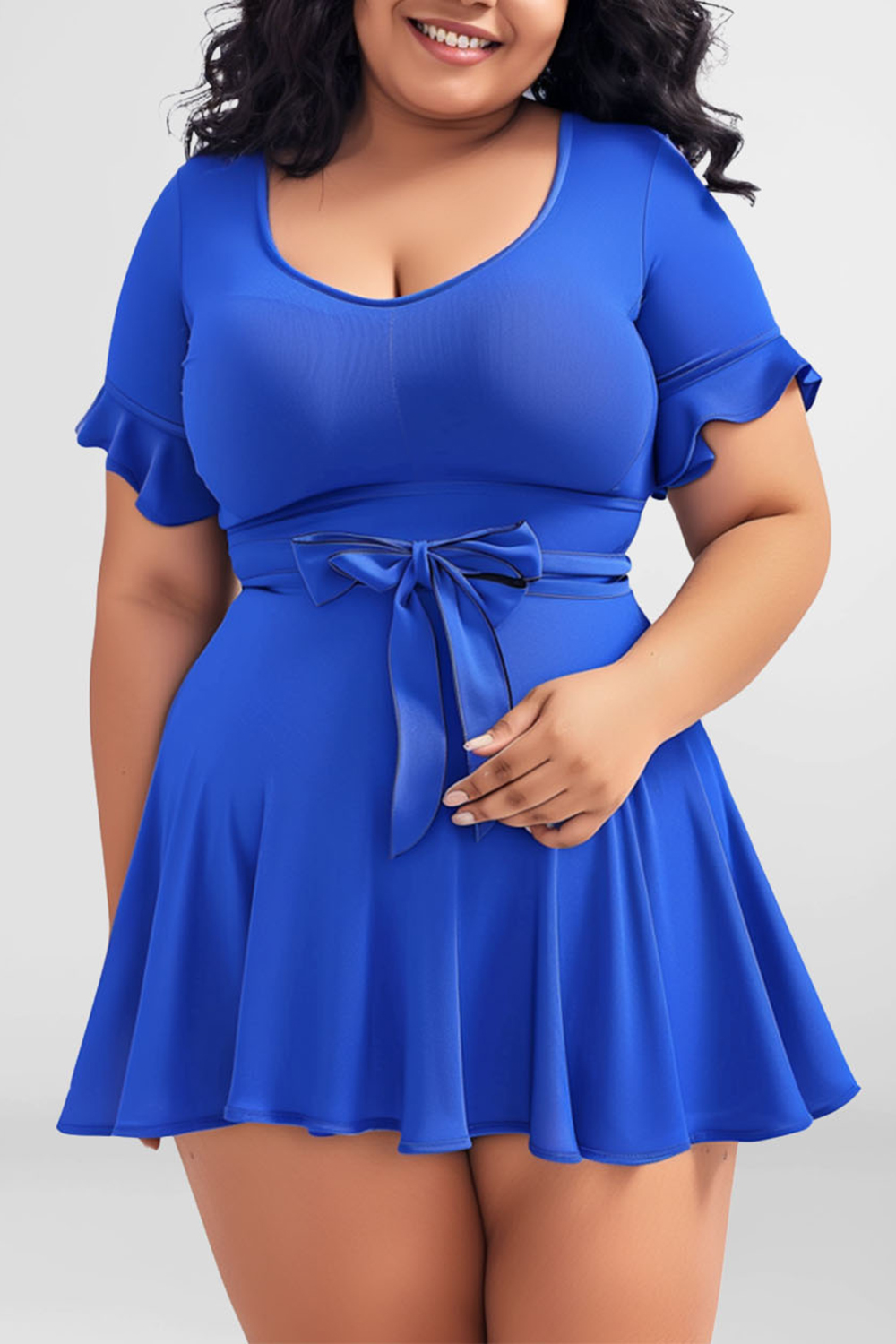 Flycurvy Plus Size Vacation Royal Blue Bow Flounce Swimdress- Flycurvy