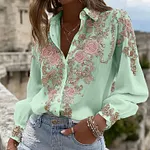 Women's Pink Rose Embroidery Art Long Sleeve Linen Blend Shirt - Image 5