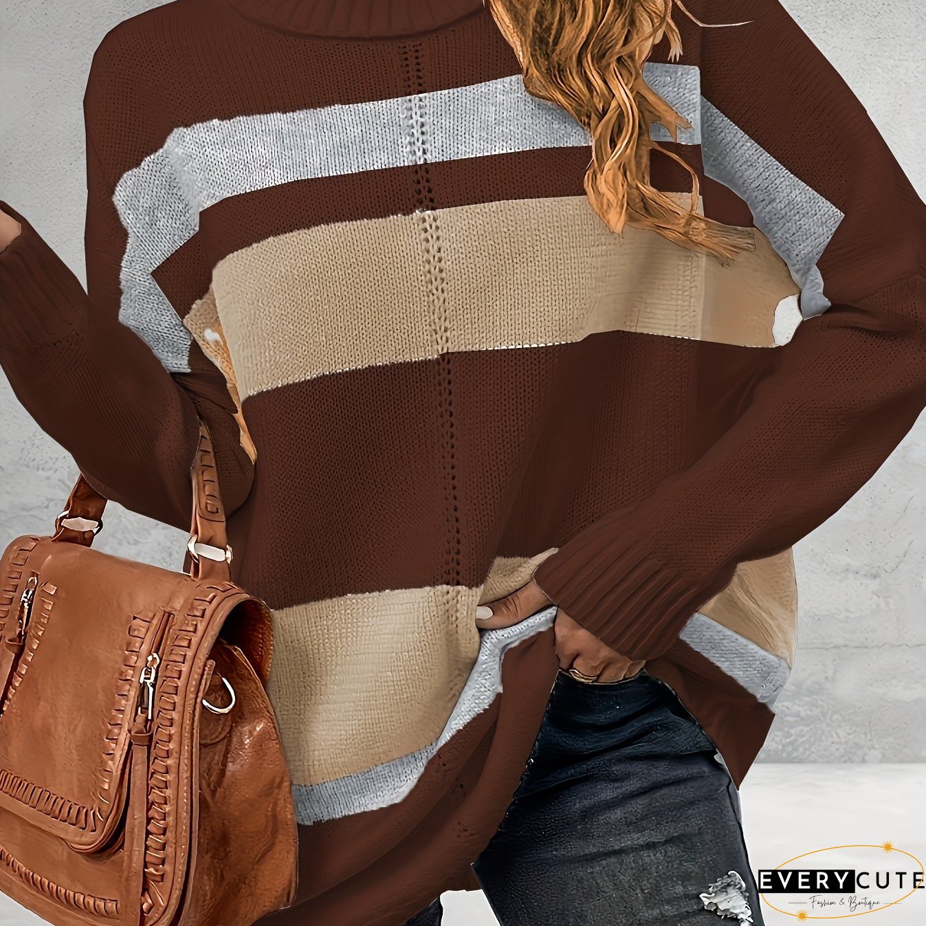 Plus Size Casual Sweater, Women's Plus Colorblock Long Sleeve Turtle Neck Slight Stretch Sweater