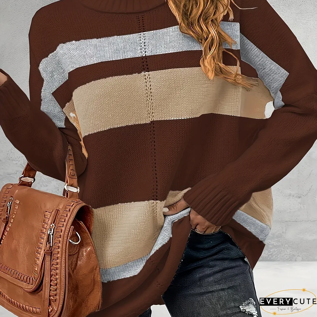 Plus Size Casual Sweater, Women's Plus Colorblock Long Sleeve Turtle Neck Slight Stretch Sweater