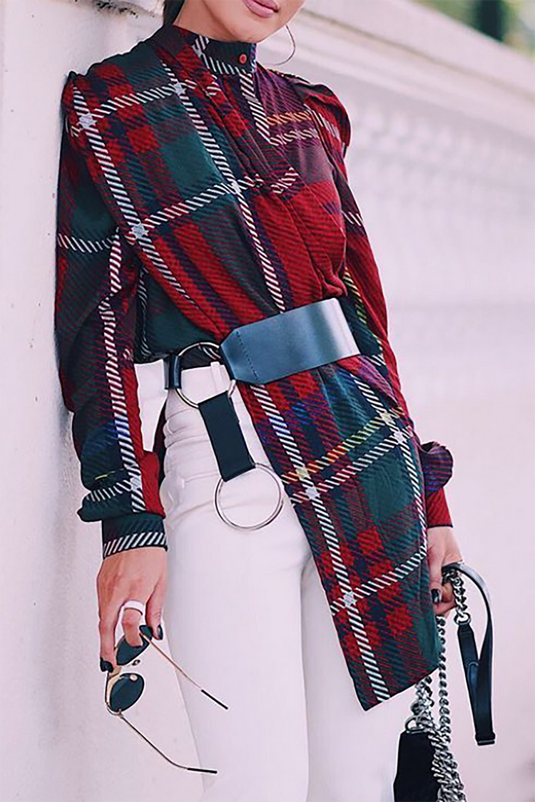 Plus Size Business Casual Tops Elegant Red Plaid Fall Winter Long Sleeve Irregular Hem Blouse [Pre-Order]