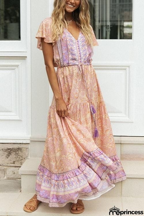 Boho Print Button Tassesl Maxi Dress