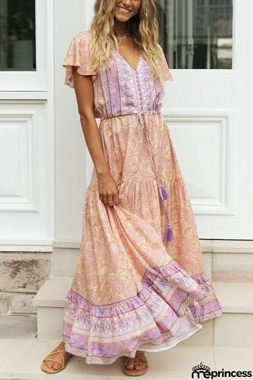 Boho Print Button Tassesl Maxi Dress