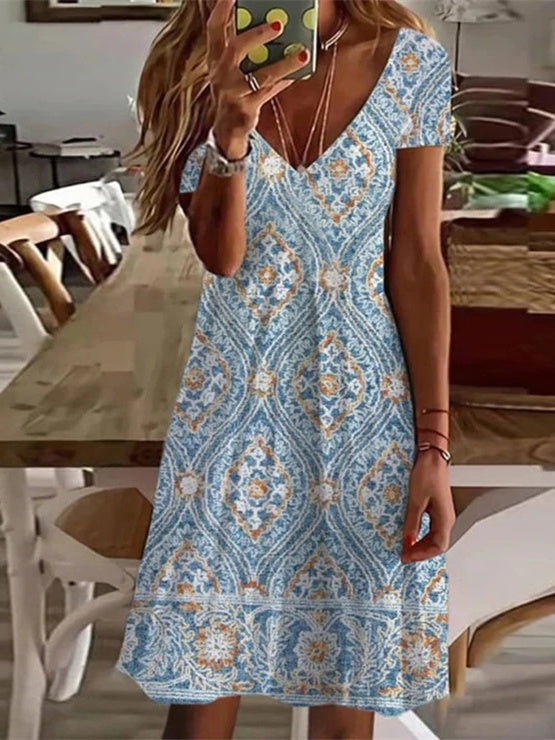 Stylish Short Sleeve Blue Midi Dress