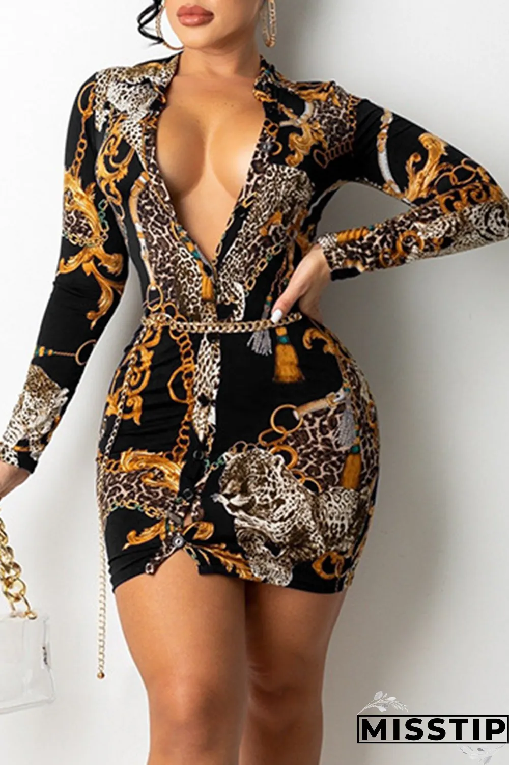 Pink Sexy Print Patchwork Turndown Collar Shirt Dress Dresses