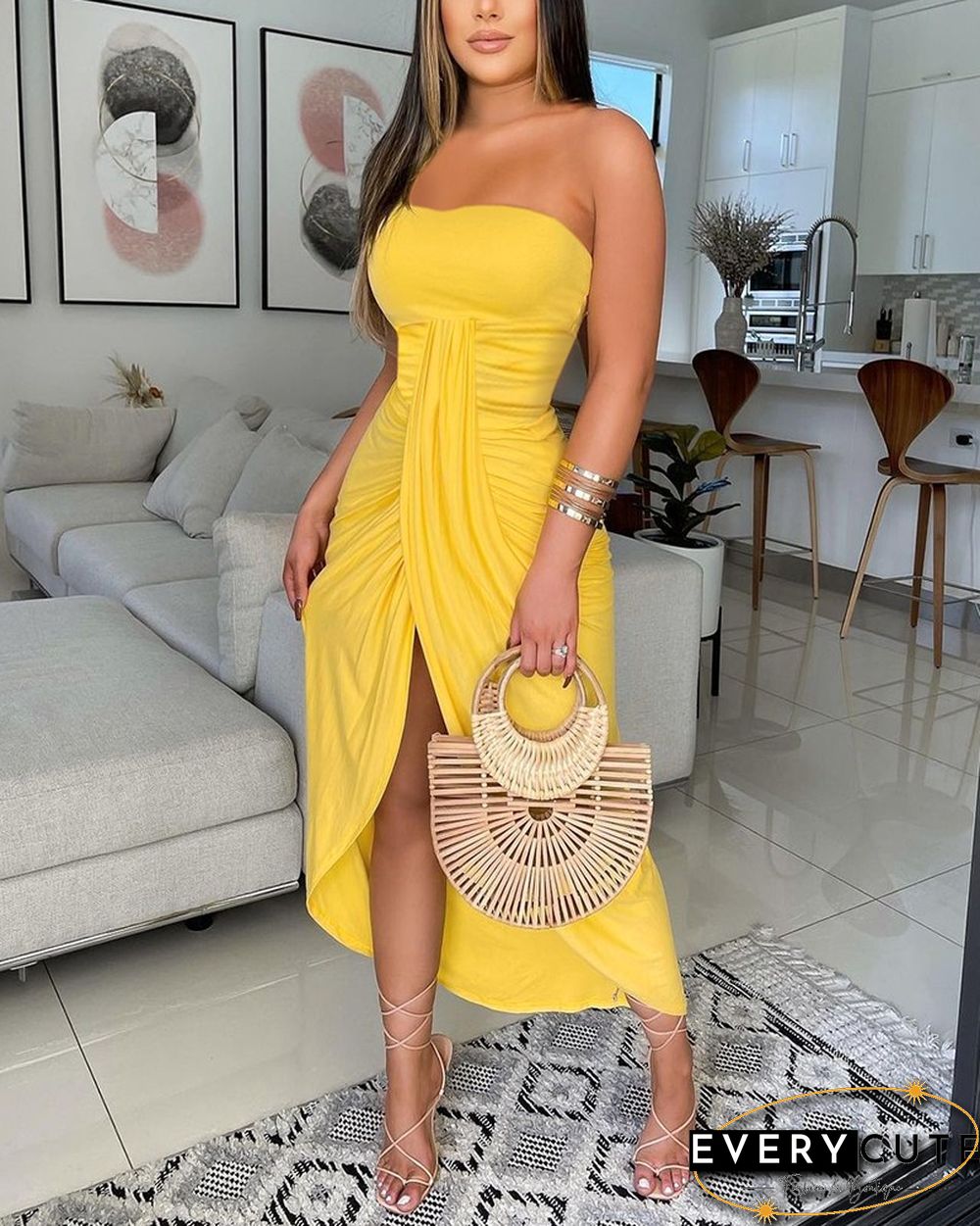 Off Shoulder Ruched Slit Casual Tube Dress