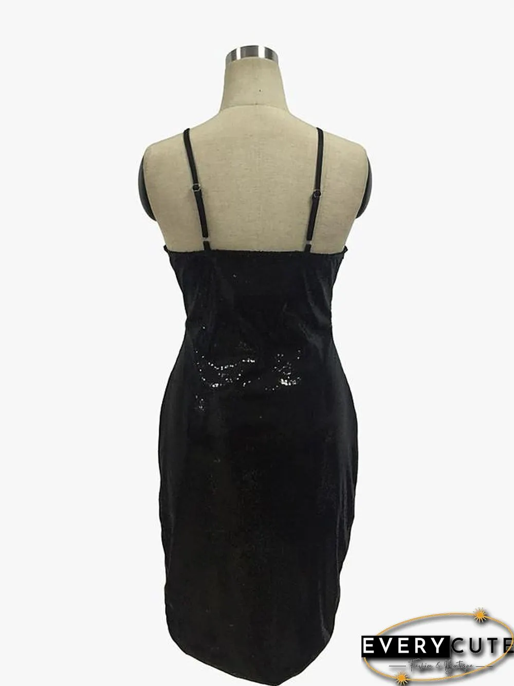 Womens Strap Dress Knee Length Black Sleeveless Solid Color Backless Sequins Summer Neck