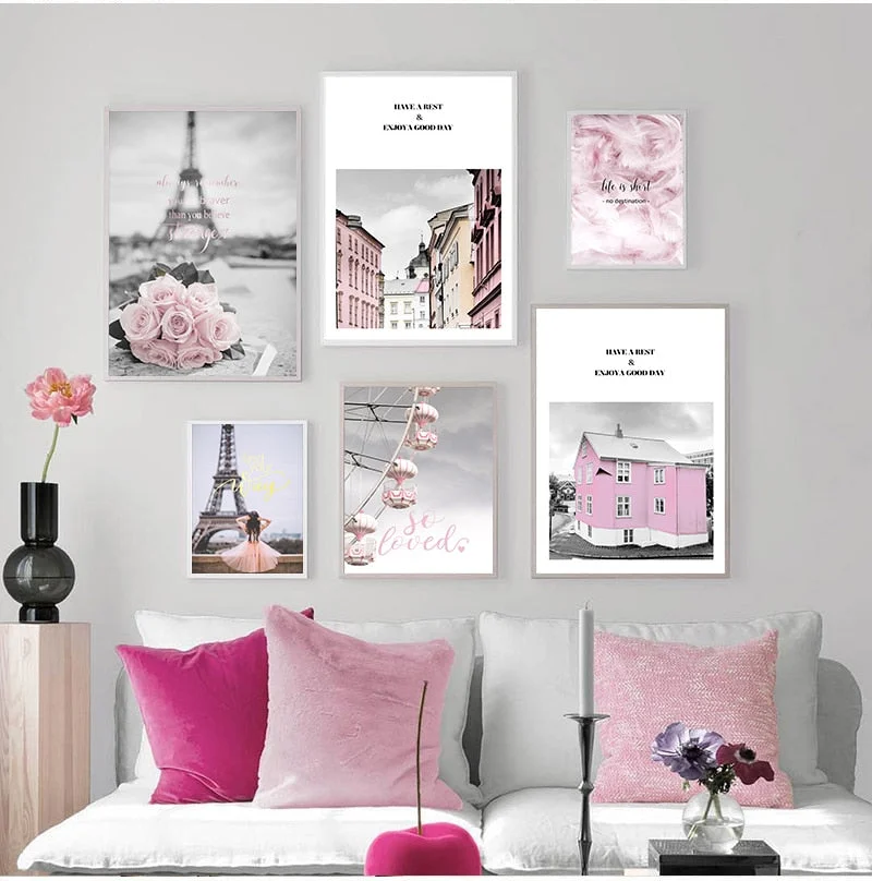 Eiffel Tower Girl Wall Art Canvas Fashion Pink City Landscape Print Painting Nordic Decoration Picture Living Room Decor