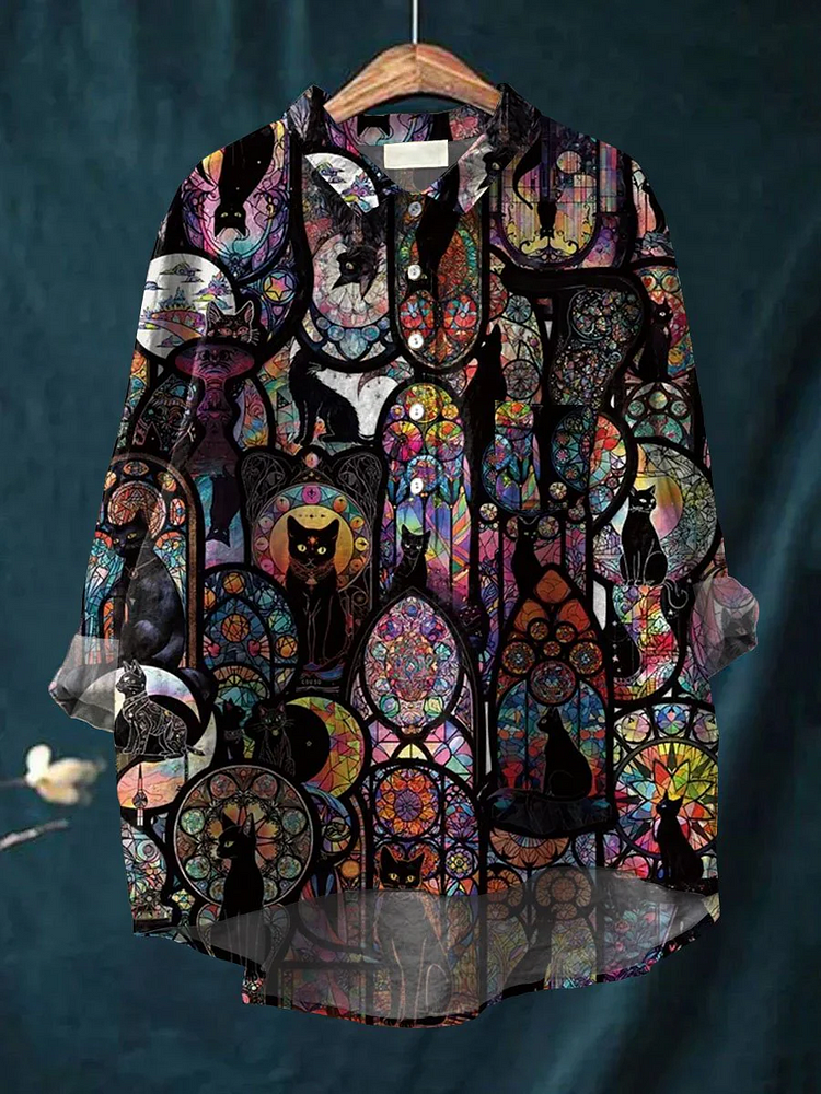 Women's Cat Art Print Casual Cotton And Linen Shirt