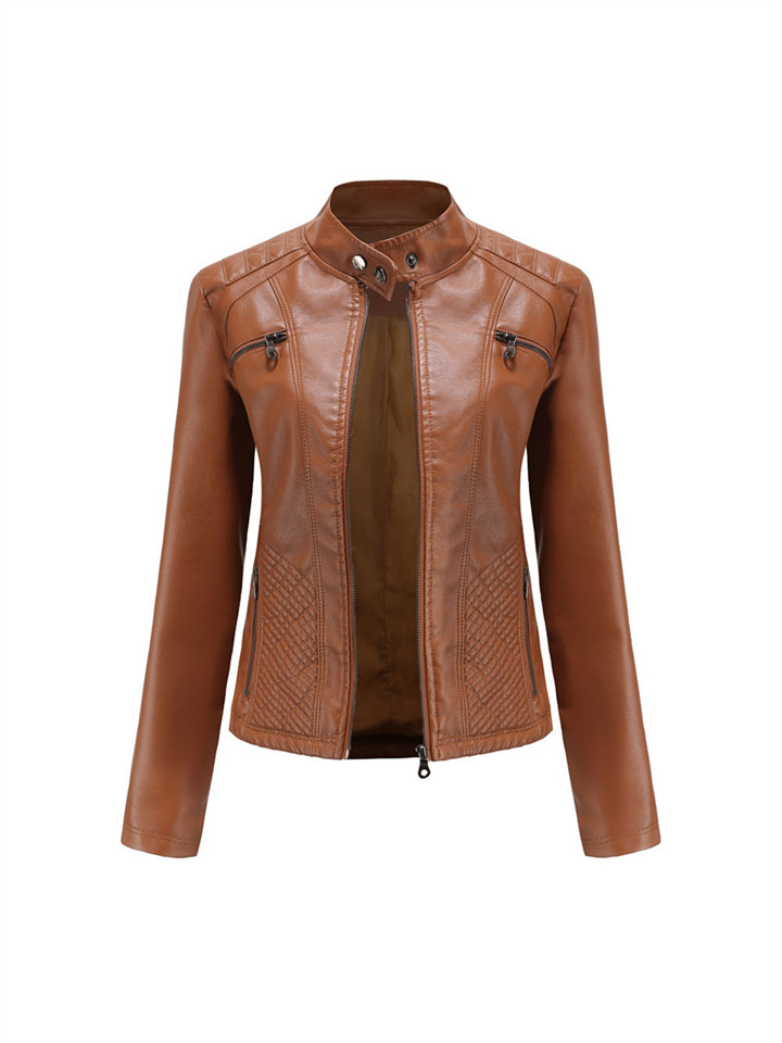 Ladies Temperament Commuter Casual Long-sleeved Leather Jacket Stand-up Collar Jacket Slim Coat Women Solid Color Women Leather Jacket