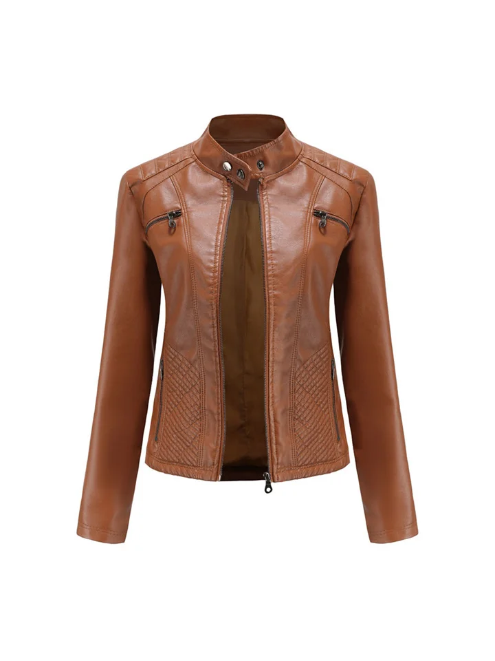 Ladies Temperament Commuter Casual Long-sleeved Leather Jacket Stand-up Collar Jacket Slim Coat Women Solid Color Women Leather Jacket-Cosfine