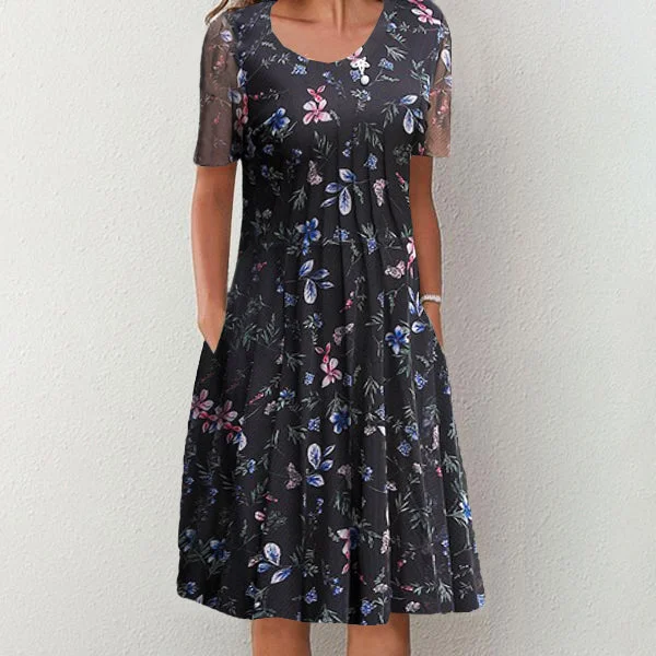 Trendy Floral Print Short Sleeve Midi Dress