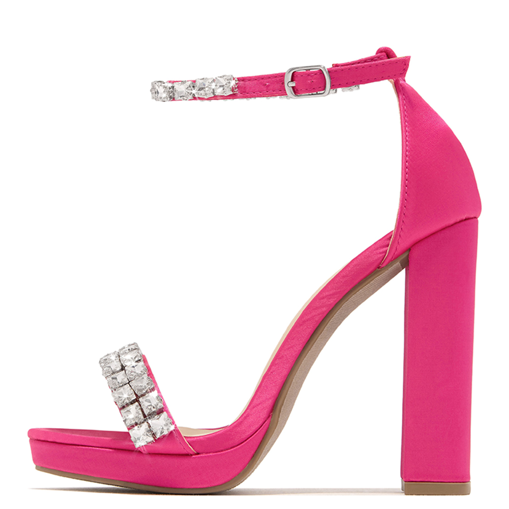 Hot Pink Open-Toe Chunky Heel Ankle Strap Rhinestone Sandals Nicepairs