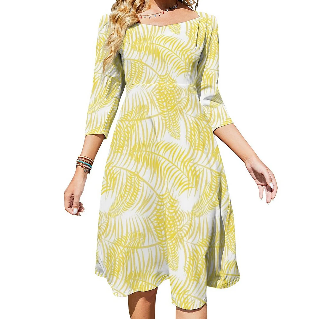 Beach Vibes Tropical Print Yellow White Dress Sweetheart Tie Back Flared 3/4 Sleeve Midi Dresses