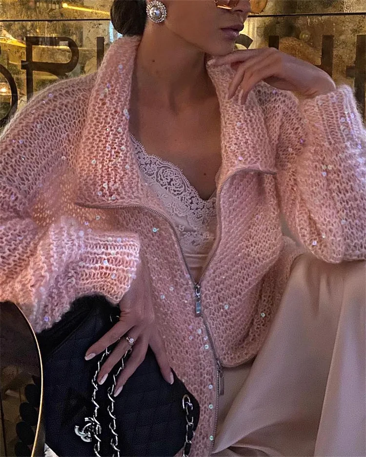 Casual Knitted Sequin Zip Top