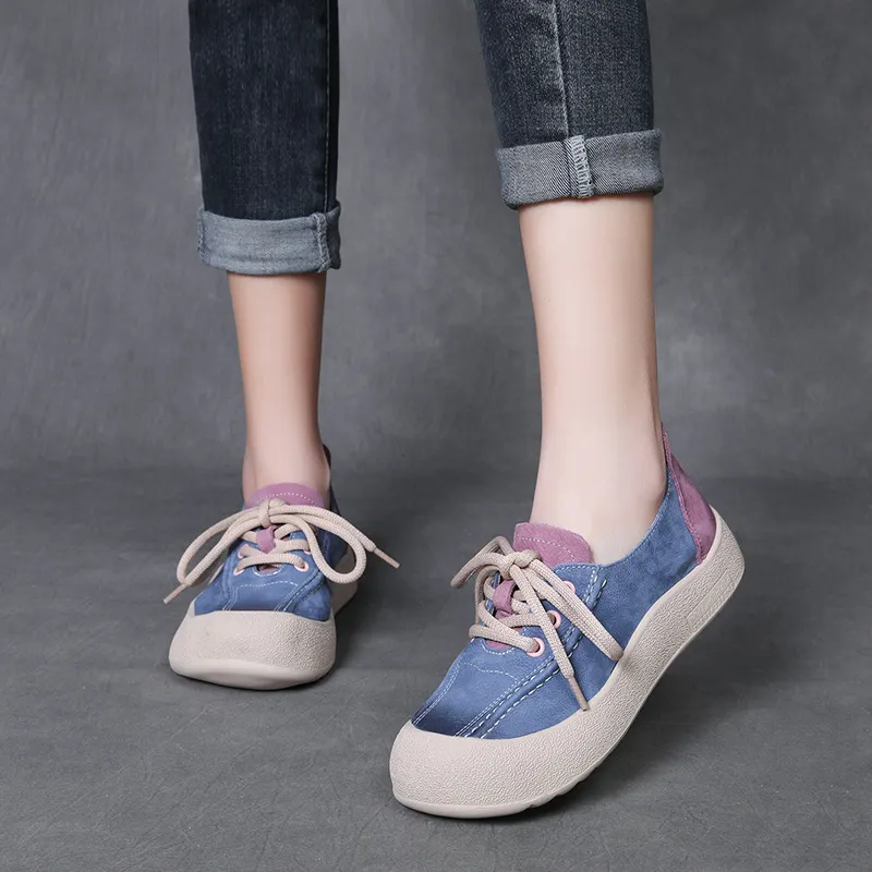 Yyvonne Leather Round Head Casual Shoes Women 2025 Spring New Flat Bottom Lace Single Shoes Fashion Leather Shoes