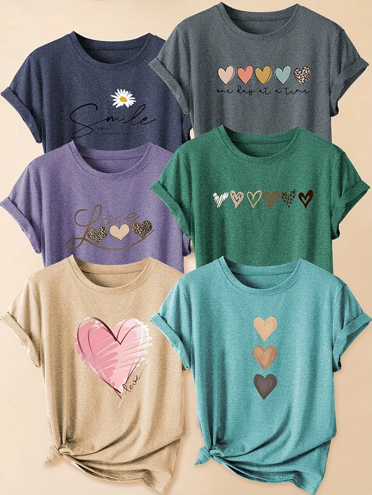 6pcs Women's Love Heart Print Short Sleeve T-Shirts, Vintage Style Crew Neck, Medium Stretch Fabric, Spring/Summer/Fall Casual & Commuting Tops, S-Xxl, Polyester 95. Spandex 5., Retro Casual Tee | Heart Print Tshirt | Medium Stretch Materia