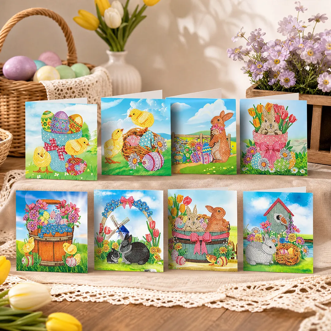 8PCS Chick Rabbit DIY Diamond Painting Greeting Card Kits with Envelopes Diamond Art Greeting Cards Diamond Art Cards Kits for Adults DIY Crafts Family Friend Gifts