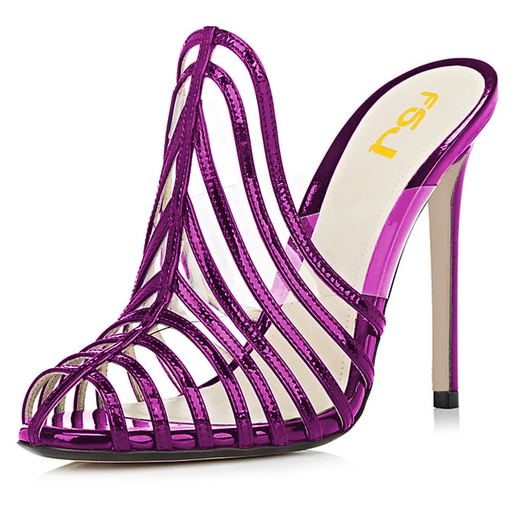 FSJ Purple Patent Leather Cut-Out Stiletto Heels Mules Shoes |FSJ Shoes