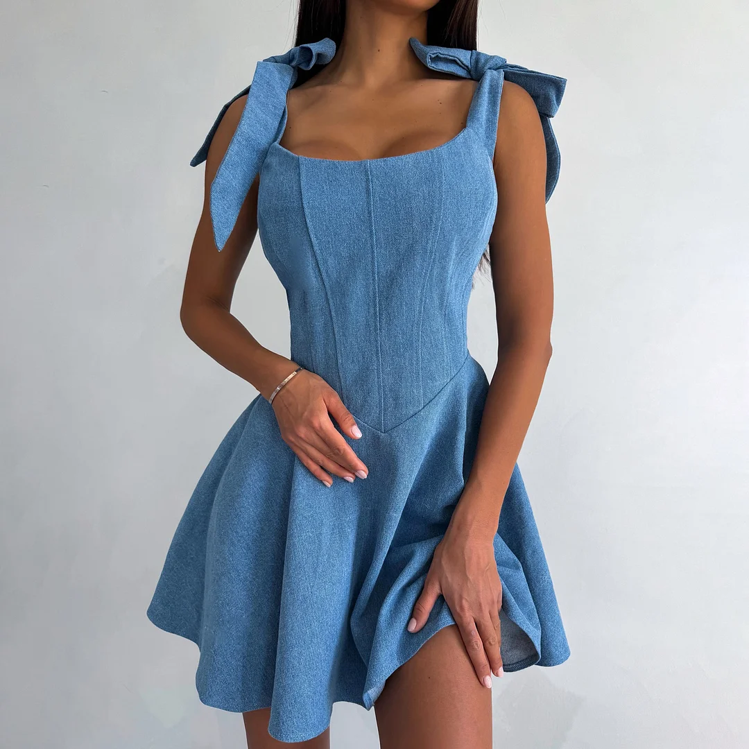 Athvotar Athvotar Feeling Autumn And Winter Dress Blue Fish Bone Waist Sexy Hottie Cowboy Vest Dress Autumn Winter