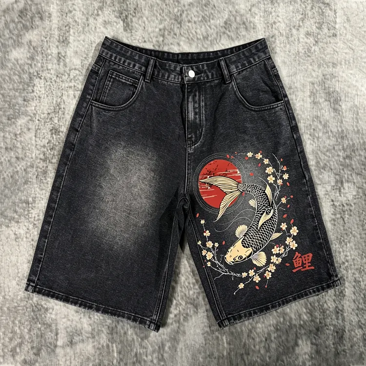 Retro Japanese Style Floral Koi Fish Shorts Jorts