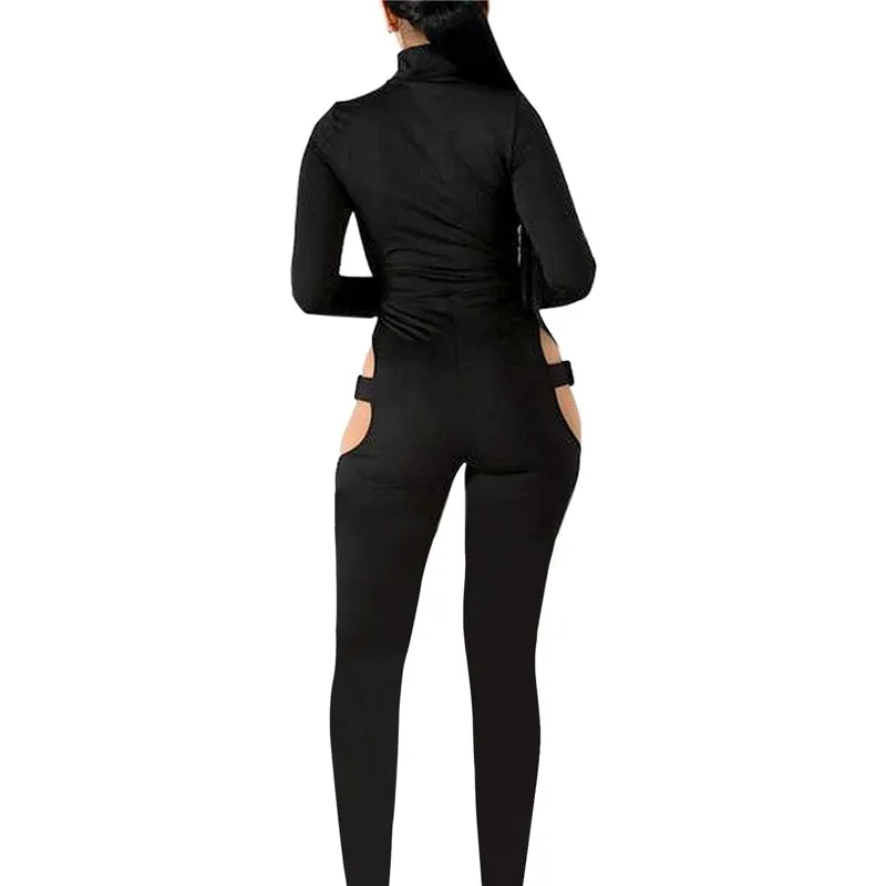 Sexy Women Bodycon Jumpsuit Solid Color Overalls Long Sleeves Rompers Bodysuits High Neck Hollow Out Buckle Biker Short Clubwear