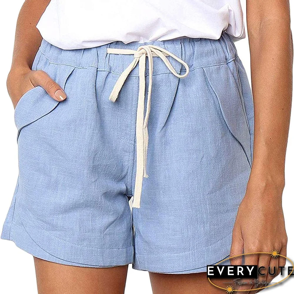 Light Blue Drawstring Casual Shorts With Pocket