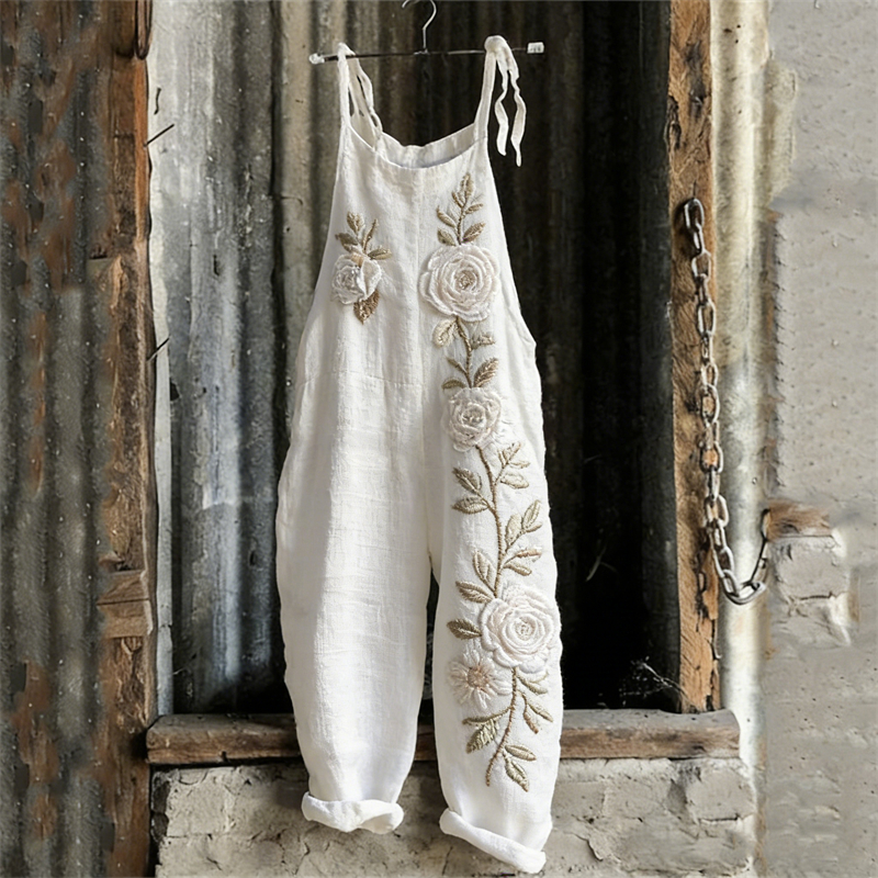 Vintage Classy White Roses Linen Jumpsuit wearshes