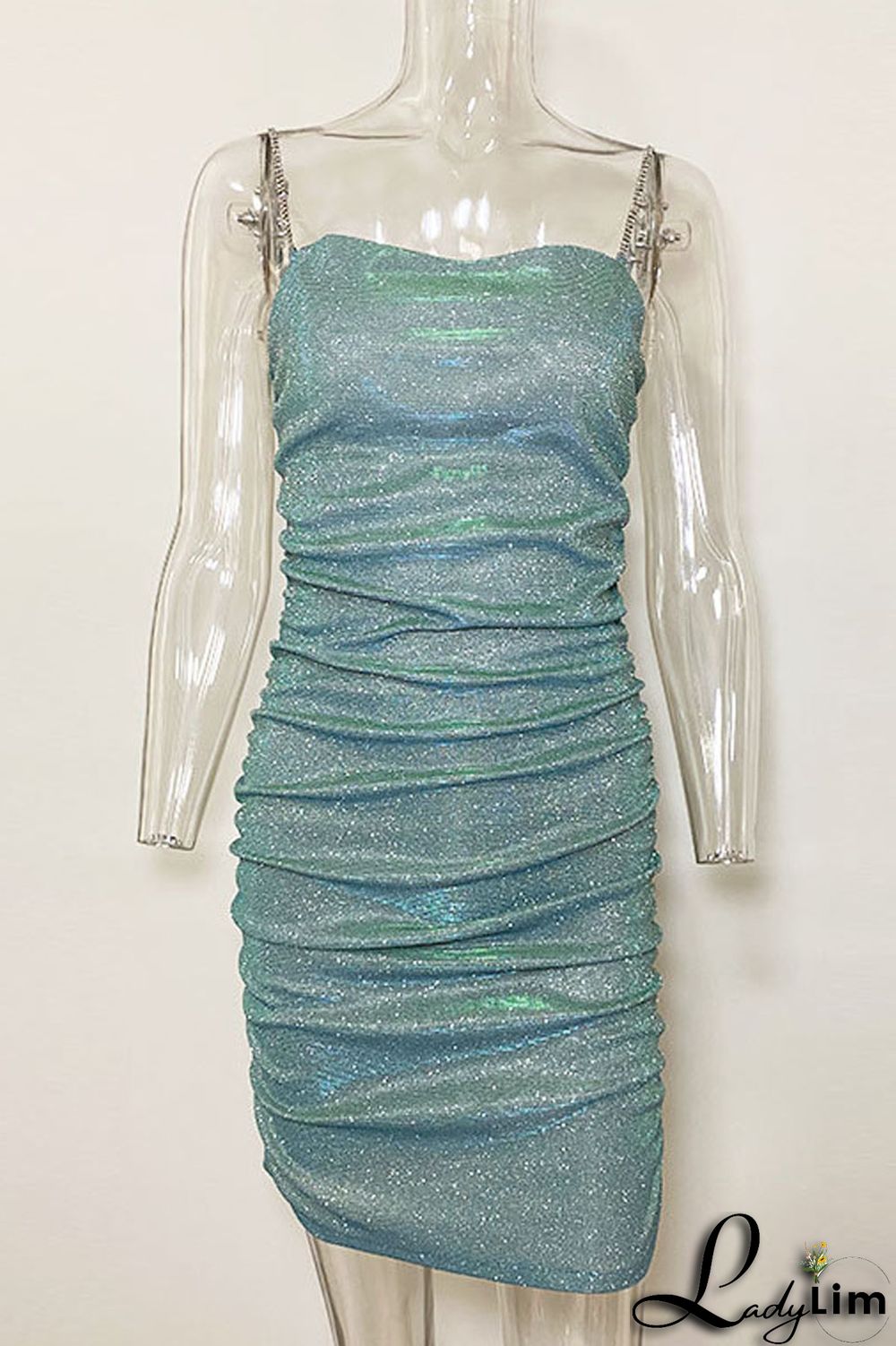 Silver Sexy Solid Fold Rhinestone Square Collar A Line Dresses