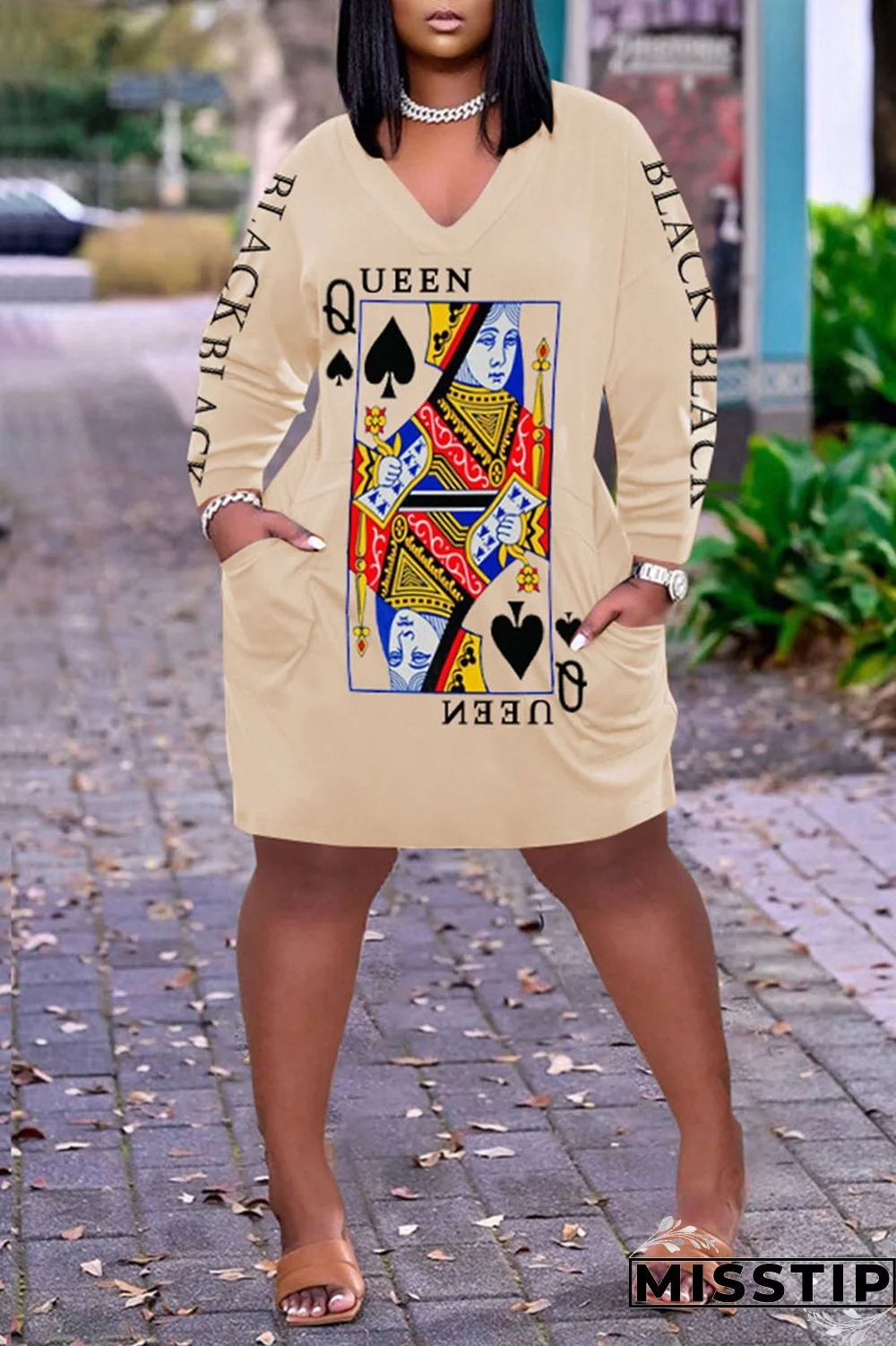 Dark Brown Casual Print Patchwork V Neck Long Sleeve Dresses