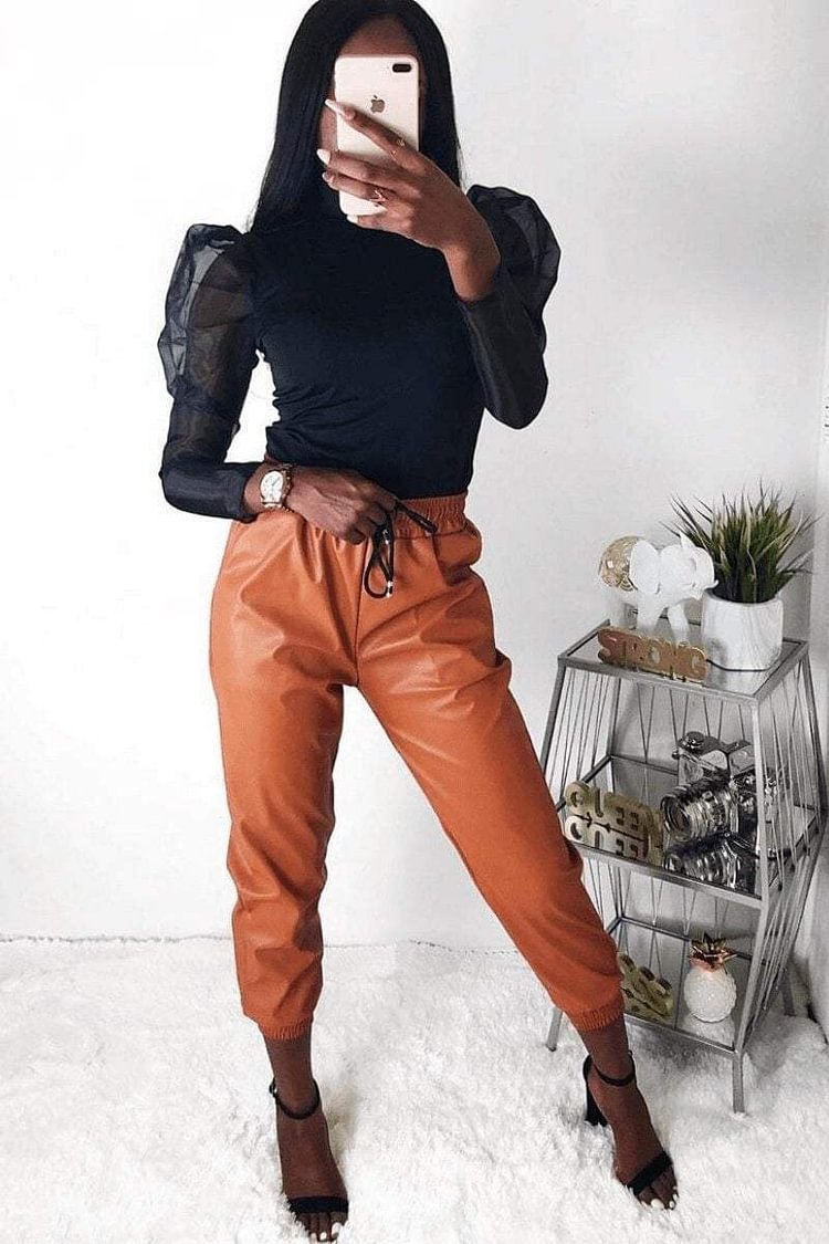Brown Faux Leather Joggers | Katch Me
