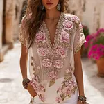 Bohème Rose Linen V-neck Relaxed Top - Image 2