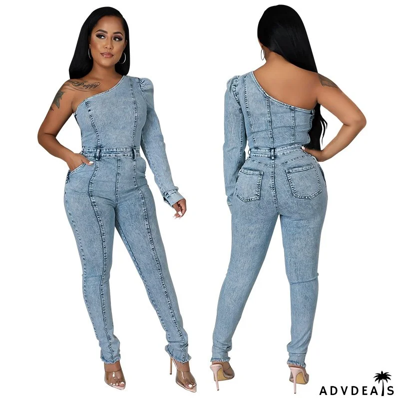 Women Clothes Fall Single Long Sleeve Slash Shoulder Denim Jumpsuit