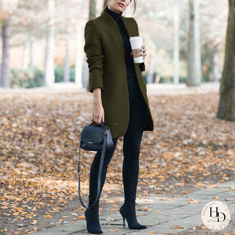 New Autumn and Winter Fashion Womens Solid Color Stand-Up Collar Woolen Coat Lapel Wool