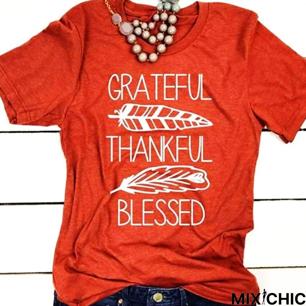 Women T-Shirt Summer Short Sleeve Tees Brick Red Blessed Feather Print O-Neck Tops