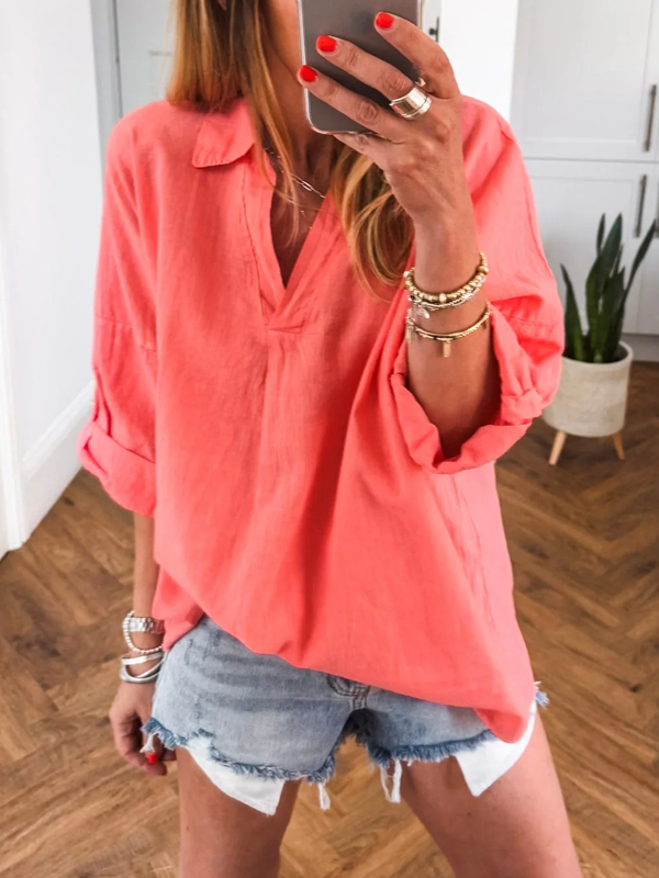 Loose V-neck Elegant and Comfortable Women's Cotton and Linen Shirt tjj Shicloths