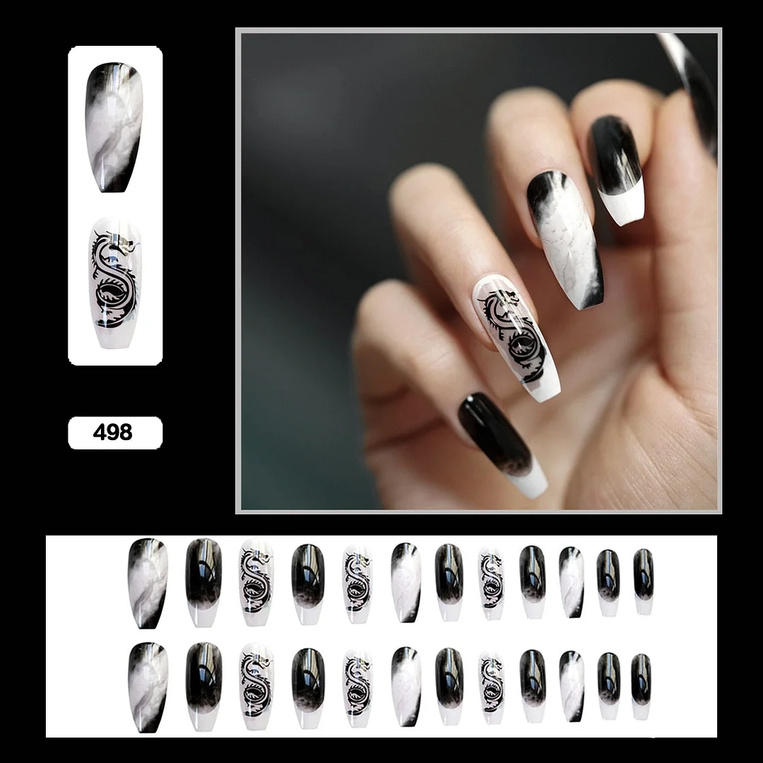 24PCS Dark Punk False Nails with Glue Gradient Long Detachable Fire Stick on Nails Skull Flame  Art DIY Fashion Manicure Tool-Nail Inspo