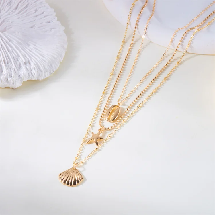 Beach Alloy Shell Starfish Scallop Pendant Multi Layers Necklace