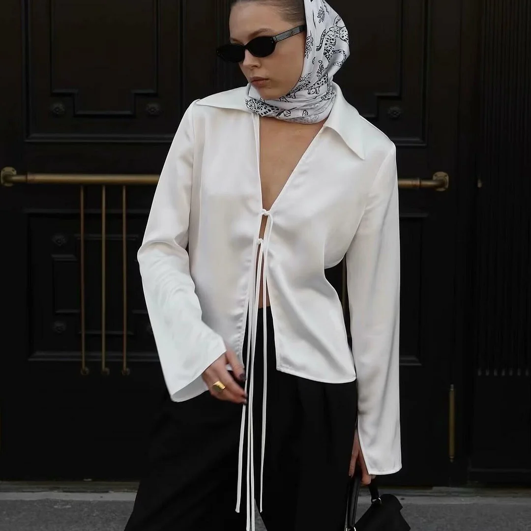 Nigikala Nigikala New Women's Fashion Temperament With Acetic Acid Tying Shirt