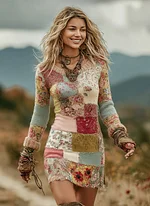 Women's Patchwork Floral Art Cozy Knit V Neck Mini Sweater Dress