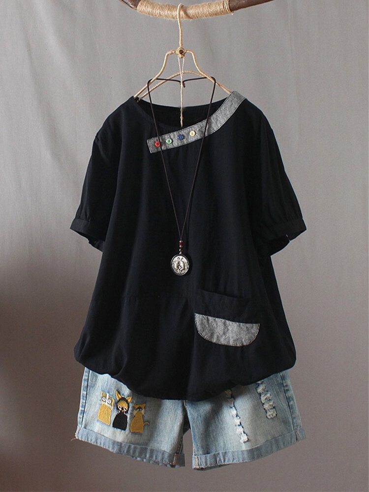 Patchwork O Neck Short Sleeve Button T shirt With Pocket P1700753