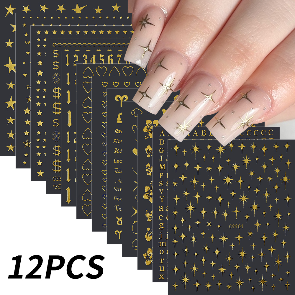 Bonusgor 12Pc Constellation Nail Stickers Pisces Aries Scorpio Alphabet Symbol 3D Bronzing Nail Art Sticker Self Adhesive Manicure Decals