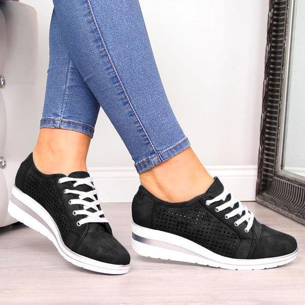 Women Vintage Lace-Up Shoes Casual Canvas Sneakers Breathable Wedge Platform Sneakers Meddle Heel Pump Pointed Toe Shoes Outdoor
