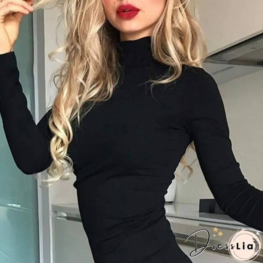 Women's Ladies Fashion Turtleneck Long Sleeve Jumpsuit Bodysuit Bodycon Rompers Slim topss