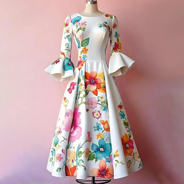 Elegant Floral Pattern Flare Sleeve Crew Neck Designer