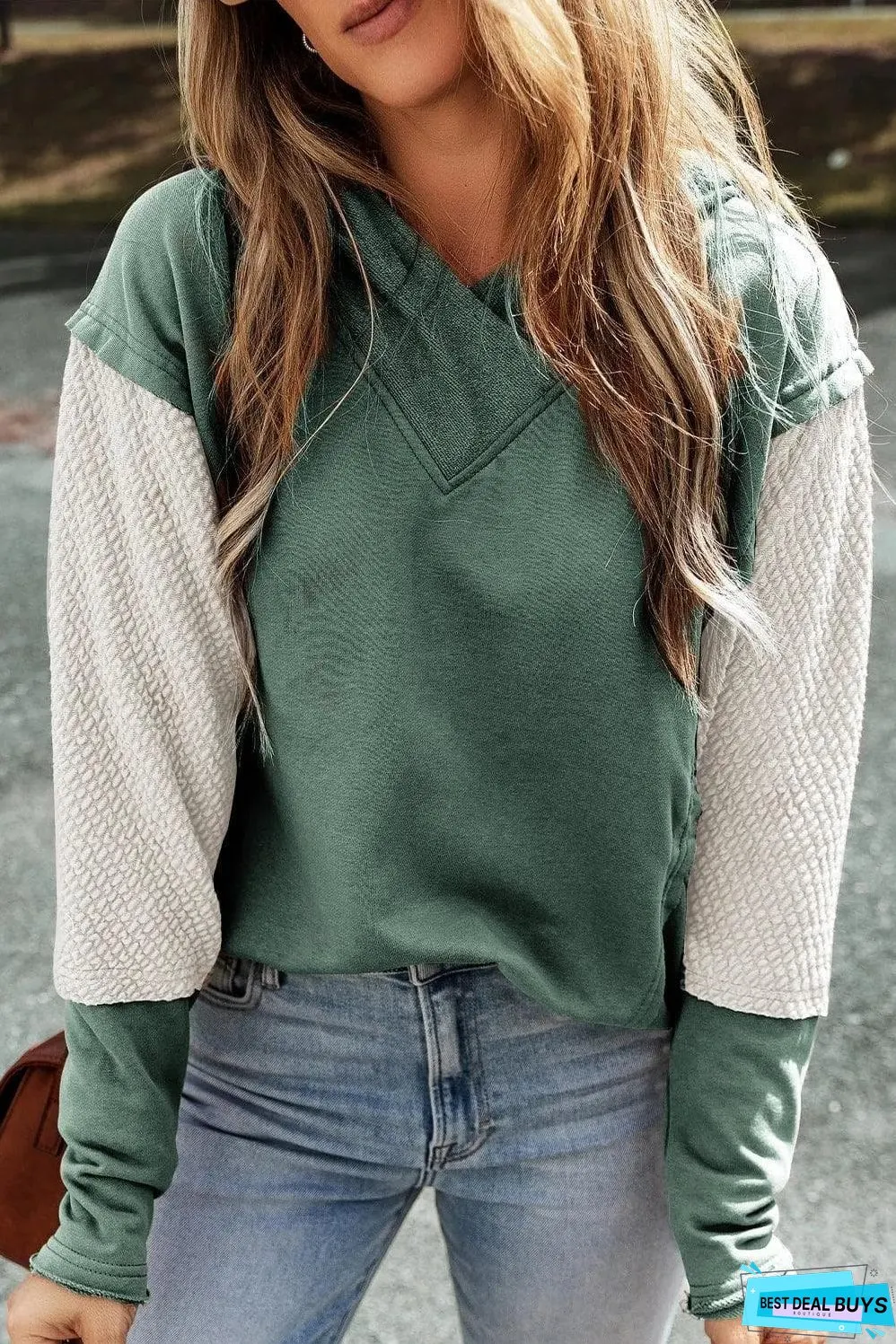 Mist Green Contrast Sleeves Patchwork Colorblock Hoodie