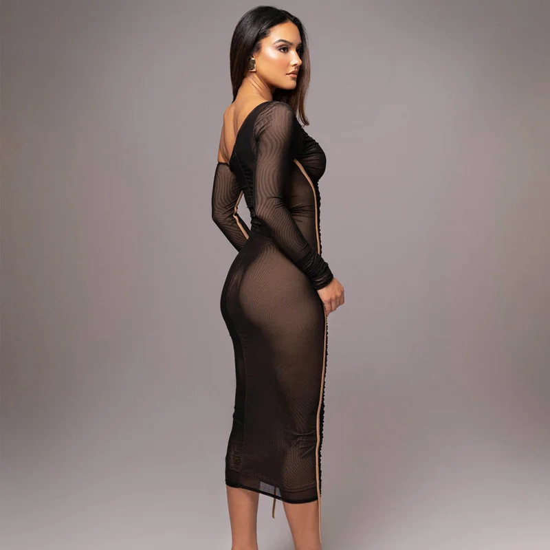 Brownm Brownm 2024 The New Women's Long Sleeve Mesh Splicing Inclined Shoulder Long Temperament Pleated Dress Female