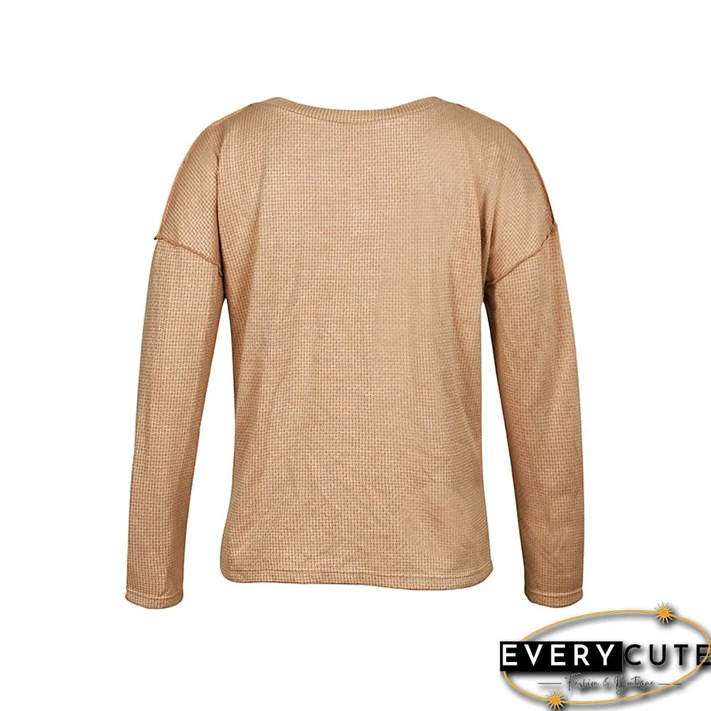 Khaki Button V Neck Drop Shoulder Sweater